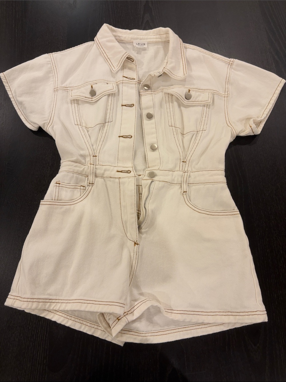 Le Lis Cream Short-Sleeve Denim One-Piece Romper with Contrast Stitching